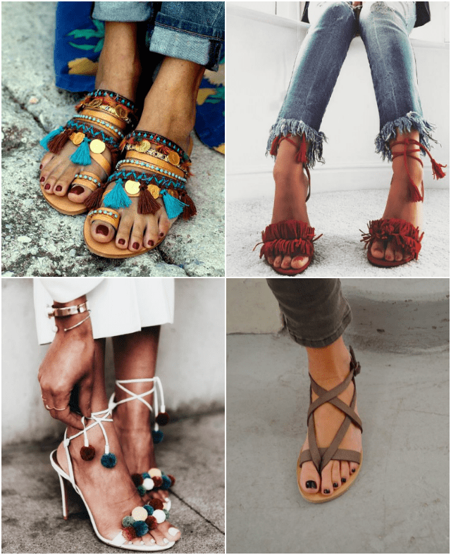 seleccion de sandalias de mujer con lazos pompones y flecos y pedicura de colores