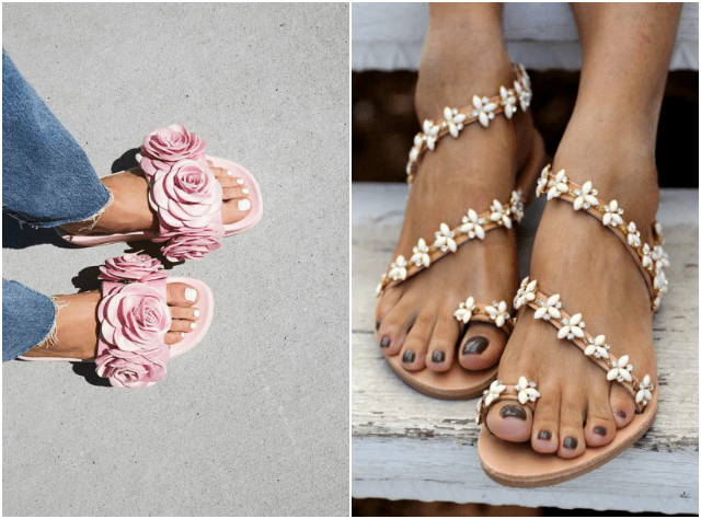 sandalias planas de mujer con detalles de flores grandes rosas y blancos