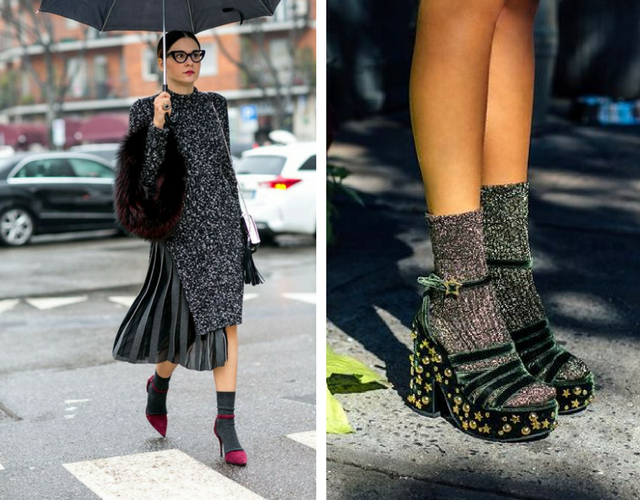 looks de mujer street style brillantes con sandalias de tacon y calcetines en otoño