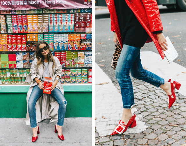 look street style de mujer con vaqueros para combinar zapatos rojos de tacon