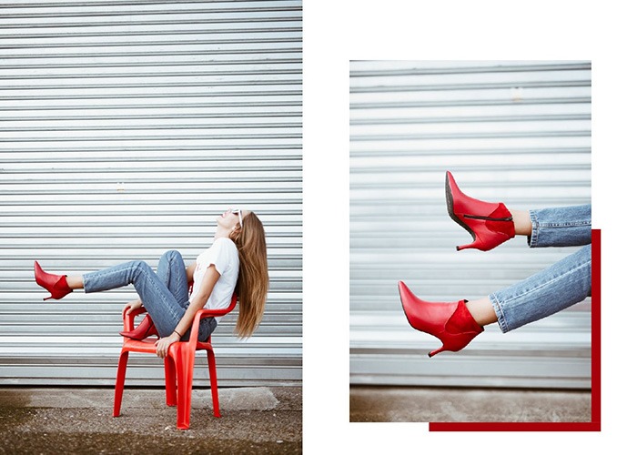 zapatos rojos botines de tacon de aguja para mujer con vaqueros