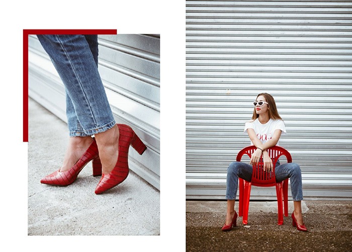zapatos rojos de tacon con print de cocodrilo con camiseta vogue y vaqueros